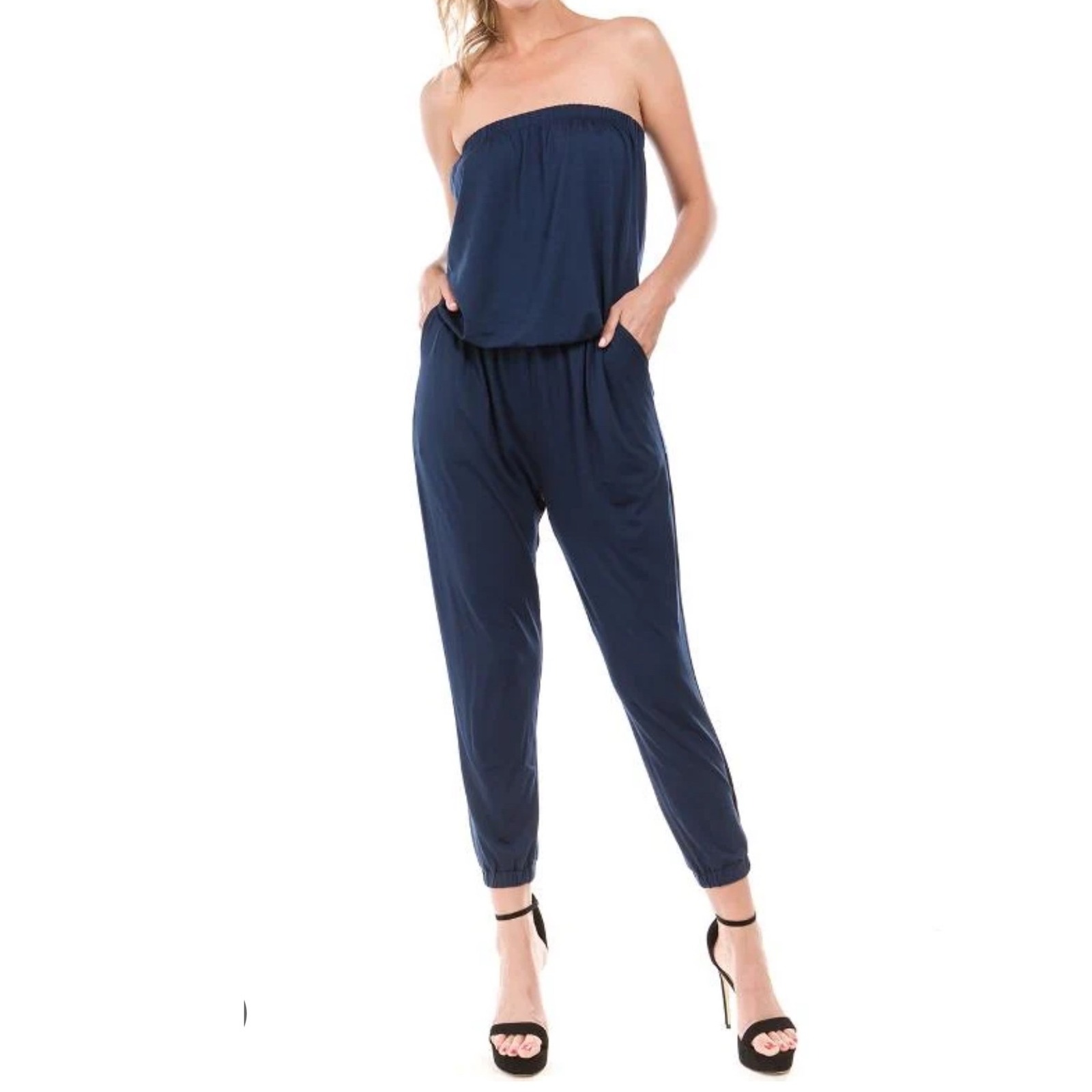 Nwt Ramy Brook Strapless Navy Blue Connie Jumpsuit Pockets Elastic Waist M